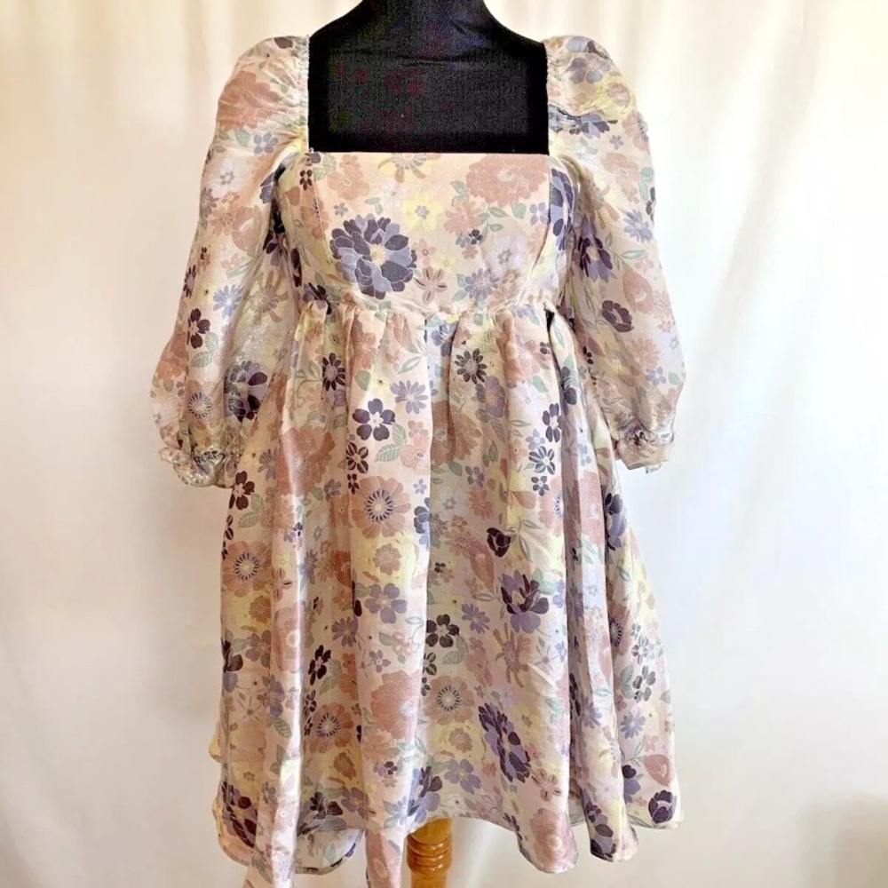 Storia Floral Puff Sleeve Empire Waist Baby Doll Dress - Size Small